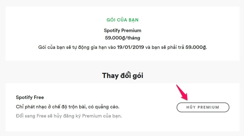 Hủy gói Spotify Premium